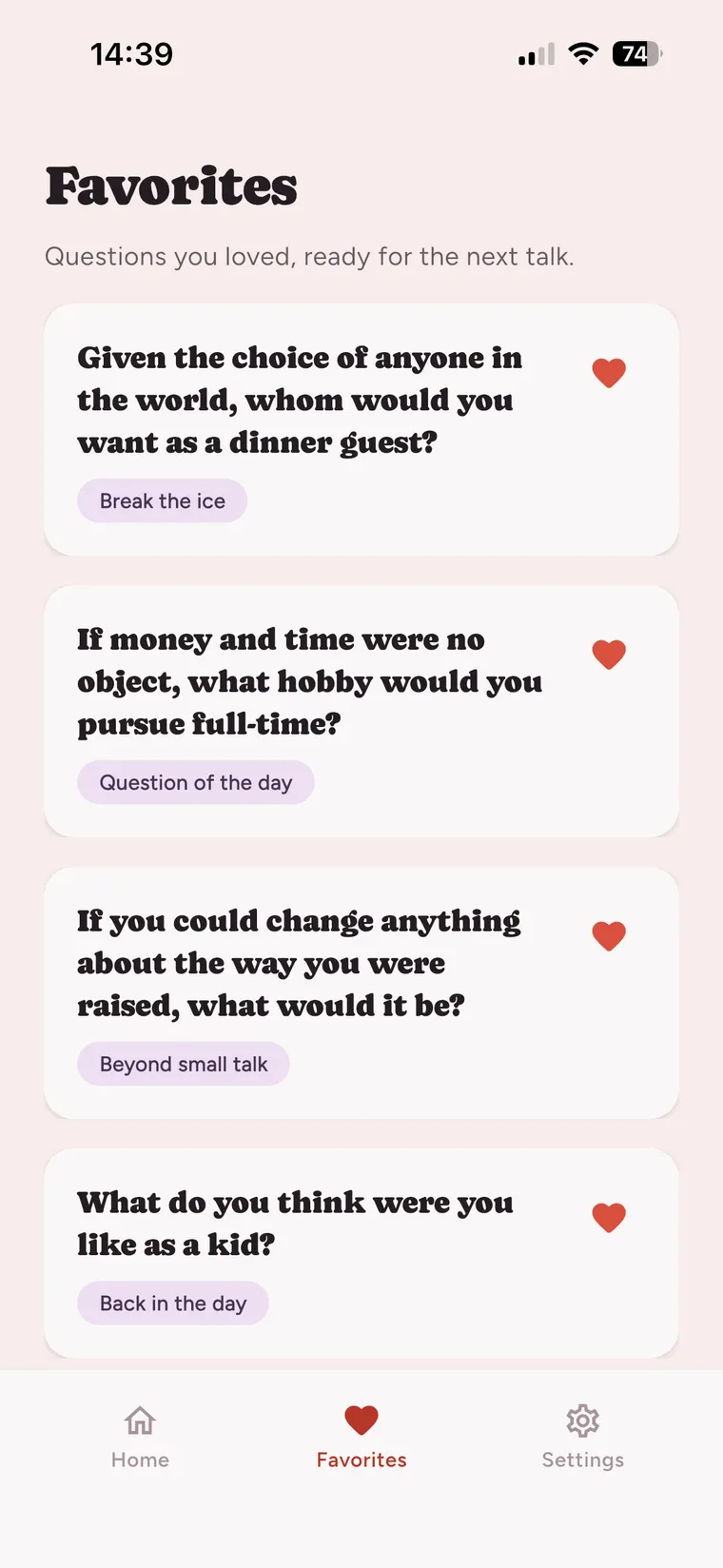 Saved questions in talkAround Favorites